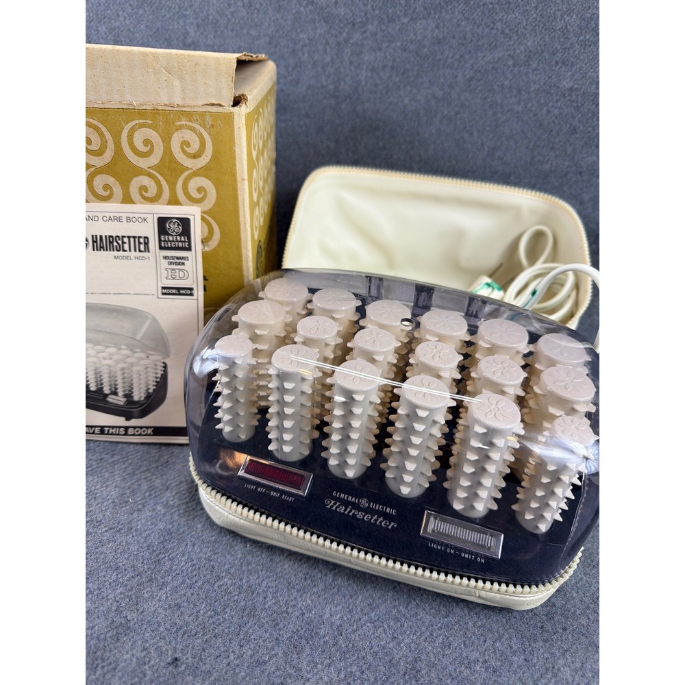 General Electric Hairsetter Vintage‎ HCD-1 Cream 18 Rollers Case Box Manual